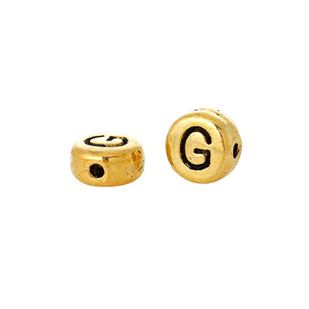 Бусина металлическая, 7х4мм, буква G, базовый материал - цинковый сплав, золотистая с чернением, 15 шт.