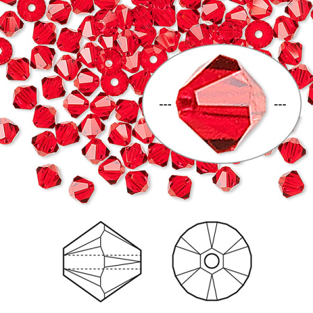 Бусина Swarovski, 4мм, Биконус (#5328), алый (цвет 227), 10 шт.
