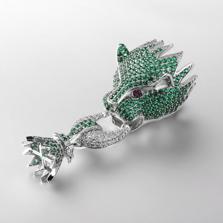 Застежка-концевик, 55х22мм (внутренний размер 19мм и 11мм), Milano, Пантера, защелкивающаяся, базовый материал - латунь, с зелёными, кристально-прозрачными и тёмно-розовыми фианитами, под родий, 1 шт., УЦЕНКА