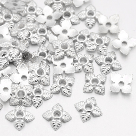 Шапочка для бусин (обниматель), 5.5х1.7мм, листики, базовый материал - цинковый сплав, серебристые, 5 грамм