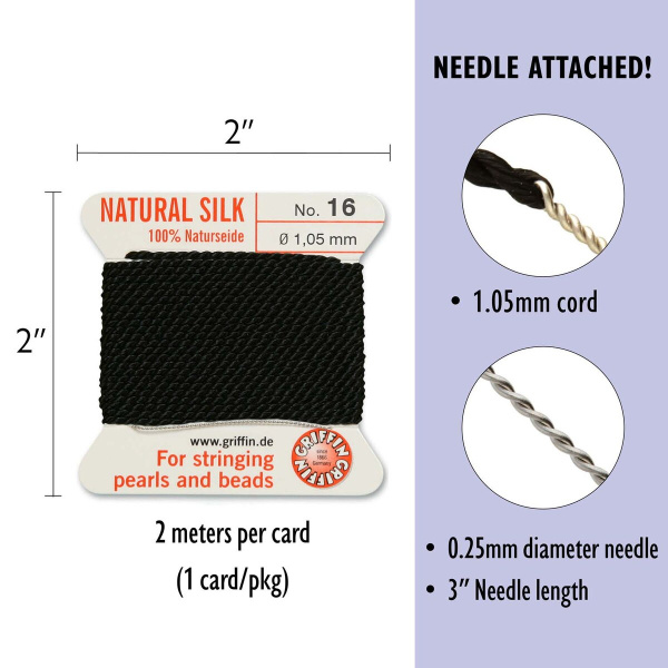 <p>Очень толстая и прочная нить из высококачественного натурального 100% шелка, произведена компанией Griffin (Германия). К нити прикреплена проволочная иголочка. Идеально подходит для использования с жемчугом и натуральными камнями. Толщина около 1,05 мм. Цена за моток 2 метра.</p>