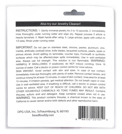 <p>Жидкость Instant Tarnish Remover для моментальной очистки от потемнения изделий из серебра, золота, меди, латуни. Также подходит для посеребренных/позолоченных вещей, но воздействие должно быть очень краткосрочным, чтобы покрытие не разъелось. Цвет жидкости в разных партиях может варьироваться от почти прозрачного до ярко-розового. 
Инструкция в полном описании. Цена за 1 баночку 118 мл.</p><p>УЦЕНКА: во время транспортировки жидкость немного просочилась, видны высохшие следы подтеков на упаковке и под крышкой; визуально жидкости в баночке столько, сколько и должно быть.</p>