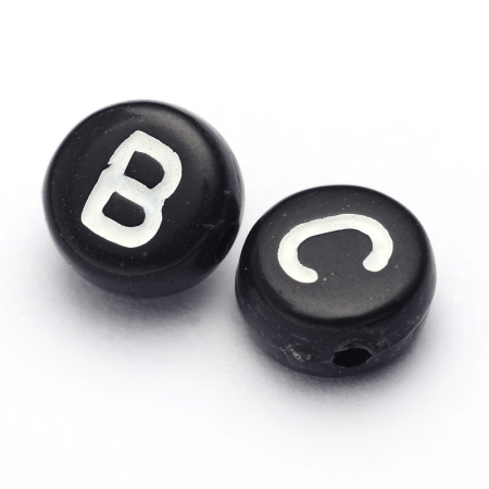<p>
Бюджетные бусины-буквы из акрила черного цвета. Круглые бусины-подушечки 7*4 мм, диаметр отверстия - около 1 мм. Цена за набор из 10 грамм (около 75 случайных букв английского алфавита).
</p>