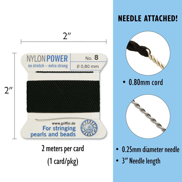 Нить нейлоновая, Griffin Nylon Power No.8 (0.8мм), черная, с иглой, моток, 2 метра <p>
Толстая и прочная нить Nylon Power из высококачественного нейлона, очень крепкая, не растягивается. Произведена компанией Griffin (Германия). К нити прикреплена проволочная иголочка. Идеально подходит для использования с жемчугом и натуральными камнями. Толщина около 0,8 мм. Оттенок может отличаться от фотографии и в разных поставках. Намотка может состоять из нескольких частей. Цена за моток 2 метра.
</p>