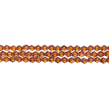 Бусины стеклянные, 4-5мм, граненые, биконусы, янтарно-коричневые с радужным покрытием, 78 шт., низка