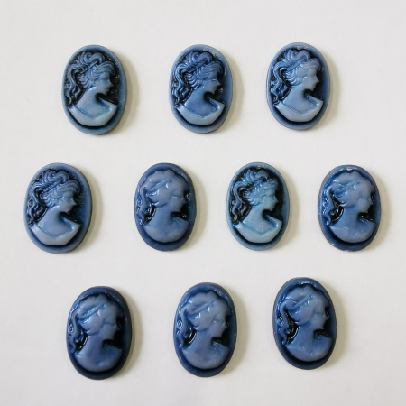 Камея акриловая, 18х13мм, девушка, синий перламутр на черном, 10 шт.