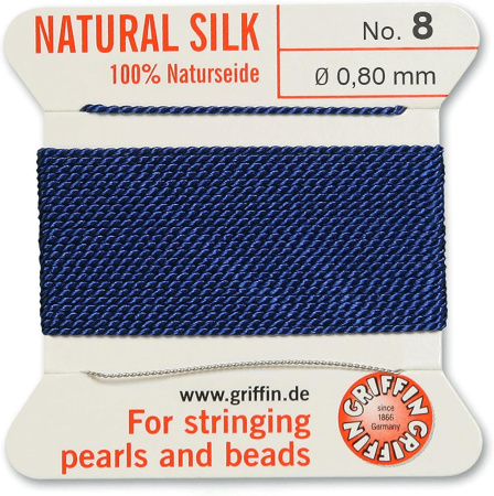 Нить шелковая, Griffin No.8 (0.8мм), синяя, с иглой, моток, 2 метра