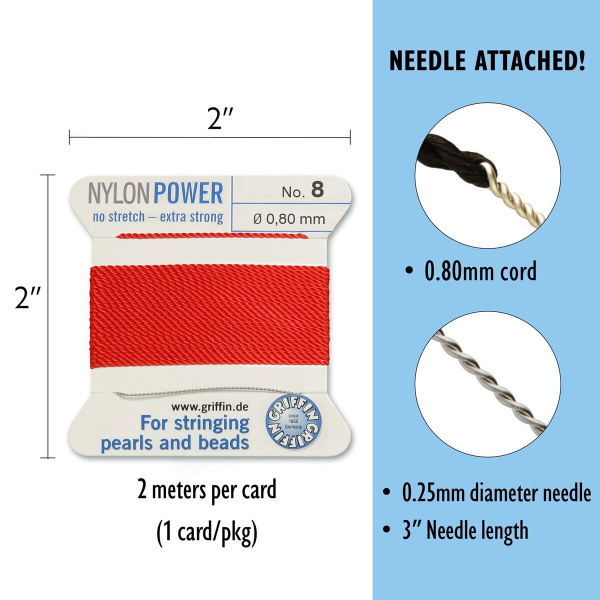 Нить нейлоновая, Griffin Nylon Power No.8 (0.8мм), красная, с иглой, моток, 2 метра <p>
Толстая и прочная нить Nylon Power из высококачественного нейлона, очень крепкая, не растягивается. Произведена компанией Griffin (Германия). К нити прикреплена проволочная иголочка. Идеально подходит для использования с жемчугом и натуральными камнями. Толщина около 0,8 мм. Оттенок может отличаться от фотографии и в разных поставках. Намотка может состоять из нескольких частей. Цена за моток 2 метра.
</p>