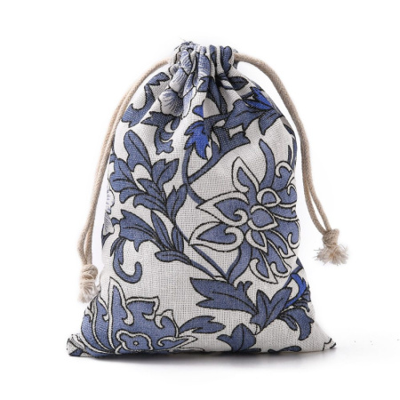 Мешочек хлопковый, 18х13см, Синие цветы, льняного цвета, 5 шт.