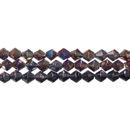 Бусины стеклянные, 6мм, граненые, биконусы, серо-бронзовые с радужным и перламутровым покрытием, 50 шт., низка