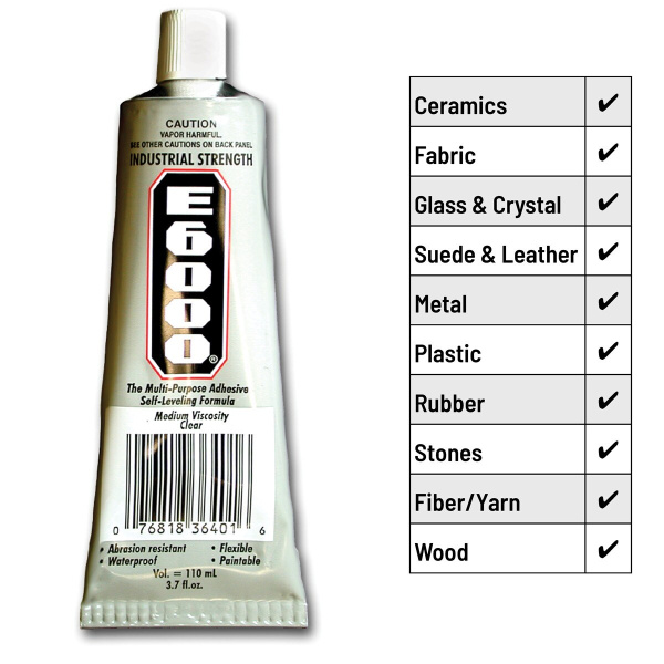 <p>
Универсальный прозрачный клей Е6000. Клей оригинальный, произведен в США. Подходит для ткани, металла, дерева, стекла, керамики и других материалов в любом сочетании. Клей довольно густой, удобен в работе при создании бижутерии. Дизайн упаковки может немного отличаться от фотографии и от партии к партии. Тюбик может быть помят. Цена за 1 тюбик 109.4 мл (3.7 fl. oz.).
</p>