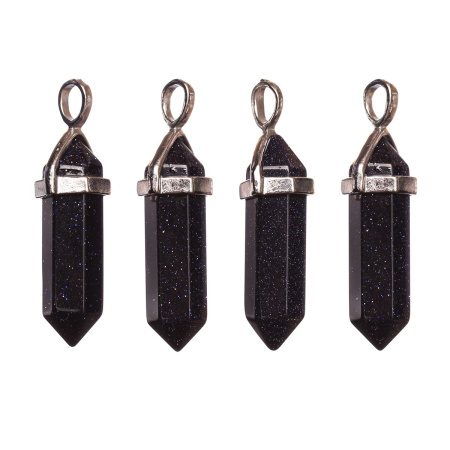 Подвеска каменная, 40х13х11мм, в форме кристалла, базовый материал - камень, авантюрин синий (имитация) с держателем стального цвета, 1 шт.