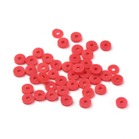 <p>Плоские круглые бусины - чипсы (диски, рондели heishi) ручной работы из полимерной глины (пластики). Бусины могут немного отличаться по форме и размеру. Оттенок может отличаться от фотографии. Цвет: красный. Цена за низку длиной около 43 см, около 350-400 бусин.</p>