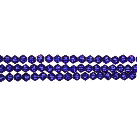 <p>Бюджетные стеклянные граненые бусины - биконусы темно-синего цвета. Бусины могут немного отличаться по форме и размеру. Оттенок может немного отличаться от фото. Цена за низку около 90 бусин. Низки формируются без проверки каждой бусины на дефекты.</p>