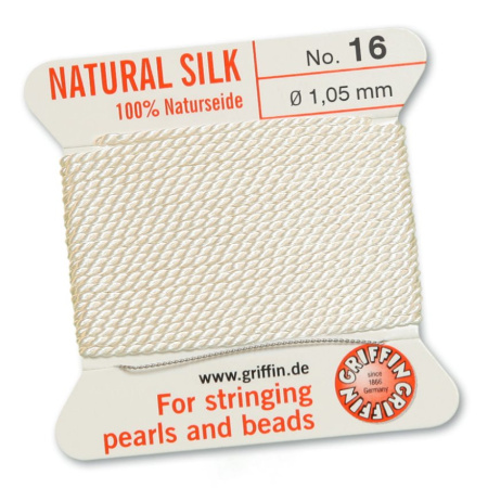<p>Очень толстая и прочная нить из высококачественного натурального 100% шелка, произведена компанией Griffin (Германия). К нити прикреплена проволочная иголочка. Идеально подходит для использования с жемчугом и натуральными камнями. Толщина около 1,05 мм. Цена за моток 2 метра.</p>