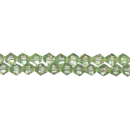 Бусины стеклянные, 6мм, граненые, биконусы, светло-зеленые с радужным покрытием, 50 шт., низка
