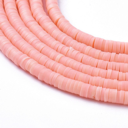 <p>Плоские круглые бусины - чипсы (диски, рондели heishi) ручной работы из полимерной глины (пластики). Бусины могут немного отличаться по форме и размеру. Оттенок может отличаться от фотографии. Цвет: персиково-розовый (лососевый). Бусины довольно мягкие, гибкие, напоминают каучук. Цена за низку длиной около 43 см, около 350-400 бусин.</p>