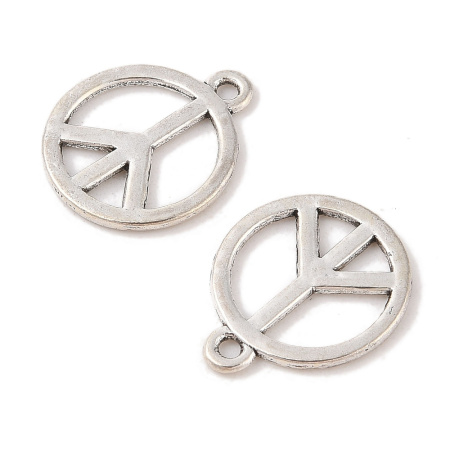 <p>Двусторонняя подвеска из тибетского серебра в форме пацифистского знака (peace symbol). На фотографии показана лицевая и тыльная стороны. На подвесках данной партии возможны небольшие неровности на покрытии, пятнышки. Базовый материал - бижутерный металлический сплав, покрытие серебристое с чернением. Оттенок может отличаться от фотографии и в разных поставках. Цена за 10 шт.</p>