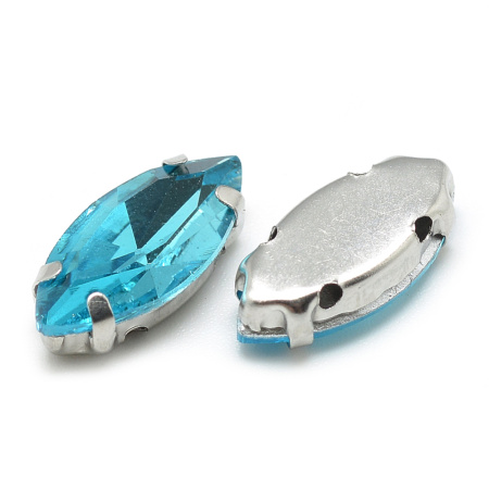 Стразы стеклянные в оправе, 12х6мм, пришивной, форма челнок, светло-голубой, оправа стального цвета, 5 грамм