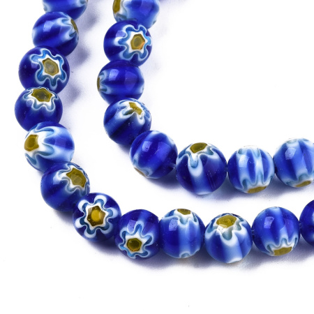 Бусины миллефиори, 6мм, синие с бело-жёлтыми цветами, 60 шт., низка