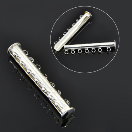 Застежка, 40х10мм, магнитная трубочка-слайдер на семь нитей, базовый материал - латунь, под серебро, 1 шт.