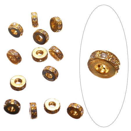 Бусина металлическая, 7х3мм, Milano, Рондель, с крупным отверстием, с кристально-прозрачными фианитами, базовый материал - латунь, под золото, 2 шт., УЦЕНКА