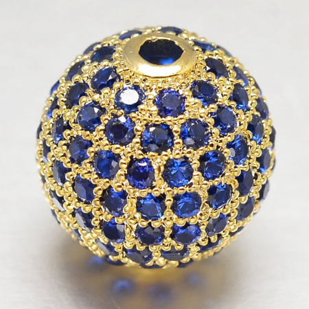 Бусина металлическая, 8мм, Milano, Шарик, с синими фианитами, базовый материал - латунь, под золото, 1 шт.