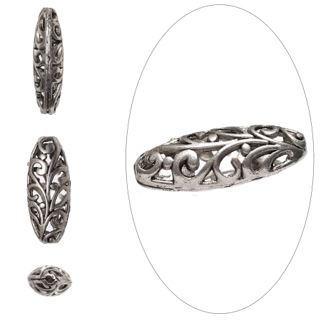 Бусина металлическая, 23х10х7мм, удлиненный овал, с резным узором, базовый материал - цинковый сплав, стиль тибетское серебро, 5 шт.