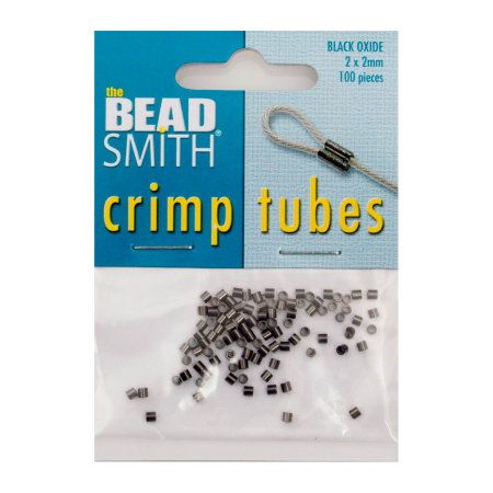 <p>Бюджетные кримпы - трубочки размером примерно 2*2 мм. Внутренний диаметр около 1.2 мм. На кримпах возможны заусенцы, могут попадаться помятые кримпы. Оттенок может отличаться от фотографии и в разных поставках. 
Произведено американской компанией BeadSmith в Китае. Цена за упаковку - около 100 шт (фасуются производителем на вес, без пересчёта и проверки на брак - могут попадаться помятые кримпы, кримпы с заусенцами).</p>