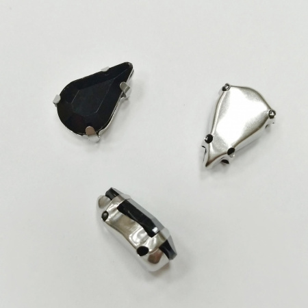 Стразы стеклянные в оправе, 13х8мм, пришивной, форма удлиненная капля, непрозрачный черный, оправа стального цвета, 5 грамм