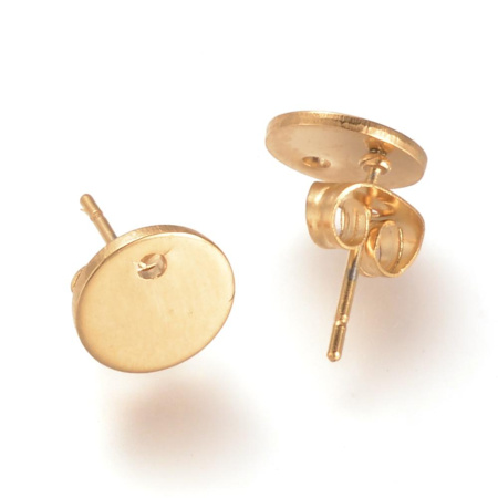 Пусеты, 8мм, гладкий круг с отверстием, с застежками, базовый материал - нержавеющая сталь, золотистого цвета, пара