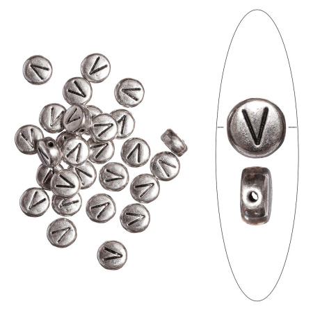 Бусина металлическая, 7х4мм, буква V, базовый материал - цинковый сплав, серебристая с чернением, 10 шт.