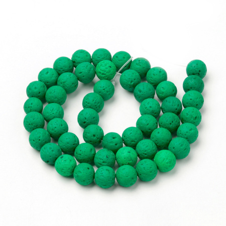 <p>Бусины из натуральной вулканической лавы (вулканического туфа), тонированной в зеленый цвет. Оттенок может отличаться от фотографии. Бусины матовые. Могут немного отличаться по форме и размеру. Бусины могут быть покрыты пылью от сверления, рекомендуется их протереть или промыть перед использованием. Цена за низку длиной примерно 38 см (около 64 бусин, фасуются без проверки каждой бусины на дефекты).</p>