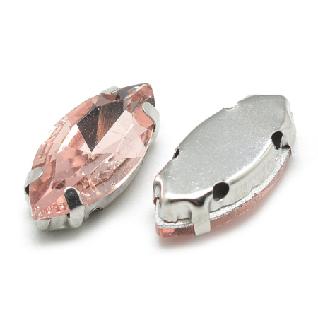 Стразы стеклянные в оправе, 12х6мм, пришивной, форма челнок, персиково-розовый, оправа стального цвета, 5 грамм