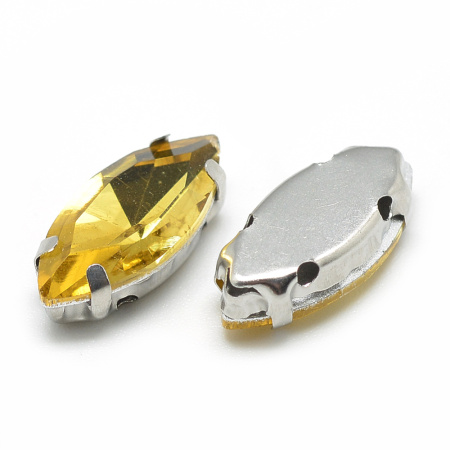 Стразы стеклянные в оправе, 12х6мм, пришивной, форма челнок, желтый, оправа стального цвета, 5 грамм