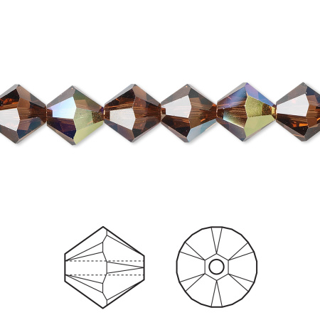 Бусина Swarovski, 8мм, Биконус (#5328), коричневый с AB (цвет 220AB), 1 шт.