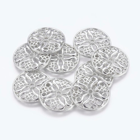 <p>Серебристый ажурный круг с восточным орнаментом. Декоративный элемент напоминает монгольский орнамент «Дугуй хээ» – знак Солнца. Можно использовать как коннектор (соединительный элемент) или подвеску. Оттенок может отличаться от фотографии. Цена за 5 шт.</p>