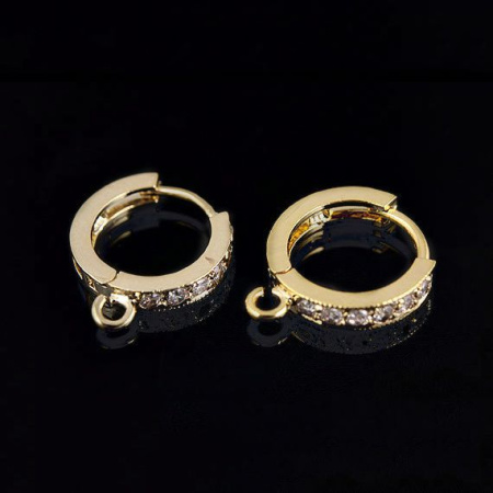 Швензы закрытые, 14х2.3мм, Корея, кольца с петелькой, с английским замком, с фианитами, базовый материал - латунь, позолоченные, пара