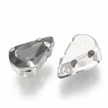Стразы стеклянные в оправе, 13х8мм, пришивной, форма удлиненная капля, серый, оправа стального цвета, 5 грамм