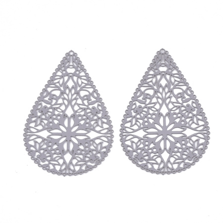 Подвеска, 40х27мм, кружевная капля, базовый материал - нержавеющая сталь, цвет матовый серый, 2 шт.
