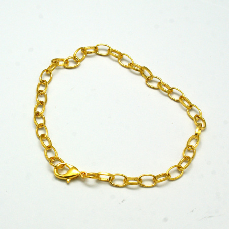 <p>Основа - цепочка для браслета золотого цвета. Оттенок может отличаться от фотографии. На покрытии возможны небольшие темные пятнышки и царапинки. Звенья разъемные - цепочку легко укоротить. Длина 21 см. Цена за 5 цепочек.</p>