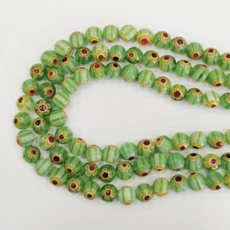 Бусины миллефиори, 8мм, светло-зеленые с бордово-жёлтыми цветами, 42 шт., низка