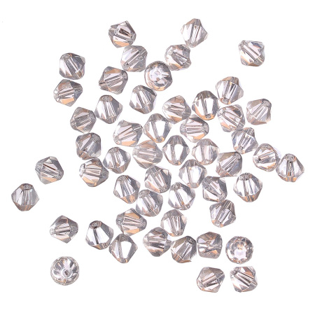 Бусины стеклянные, 6мм, граненые, биконусы, кристально-прозрачные с перламутровым покрытием, 44 шт., низка