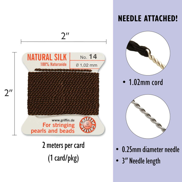 <p>Очень толстая и прочная нить из высококачественного натурального 100% шелка, произведена компанией Griffin (Германия). К нити прикреплена проволочная иголочка. Идеально подходит для использования с жемчугом и натуральными камнями. Толщина около 1,02 мм. Цена за моток 2 метра.</p>