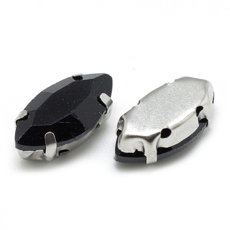 Стразы стеклянные в оправе, 12х6мм, пришивной, форма челнок, непрозрачный черный, оправа стального цвета, 5 грамм