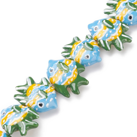 Бусина фарфоровая, 25х20х10-20х16х5мм, тропическая рыбка, зелёно-голубая с жёлтым, 1 шт.