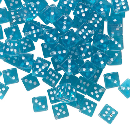 Бусина акриловая, 7мм (длина грани 5мм), кубик игральный, прозрачный, голубой, 1 шт.