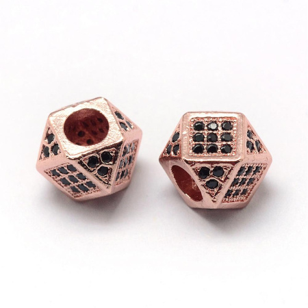 Бусина металлическая, 7х7мм, Milano, Многогранник, с крупным отверстием, с черными фианитами, базовый материал - латунь, под розовое золото, 1 шт.
