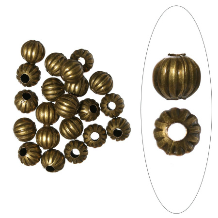 <p>
 Бусины с бороздками в винтажном стиле. Цвет бронзовый, оттенок может отличаться от фотографии и в разных поставках. Диаметр отверстия около 2.8 мм. Цена за 10 грамм (около 16 бусин, фасуются на вес без проверки на дефекты).</p>