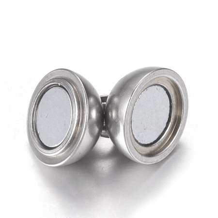 Застежка, 10.5х6мм, магнитная, шарик, базовый материал - нержавеющая сталь, без покрытия, 1 шт., УЦЕНКА <p>Магнитная застежка шарик из нержавеющей стали марки 304 (гипоаллергенная, не темнеет, не облезает). Оттенок может отличаться от фотографии. Размер может немного отличаться от заявленного. Несмотря на свой небольшой размер, магниты довольно сильные. Внутри застежки на одной стороне имеется выемка, на другой выступ, за счёт чего половинки застежки не съезжают вбок друг относительно друга при носке. Цена за 1 шт.</p><p>УЦЕНКА: петельки припаяны криво относительно оси.</p>